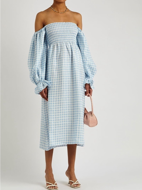 Sleeper Dresses & Skirts - $398 SLEEPER size M Atlanta Off Shoulder Linen Midi Dress Blue Gingham
